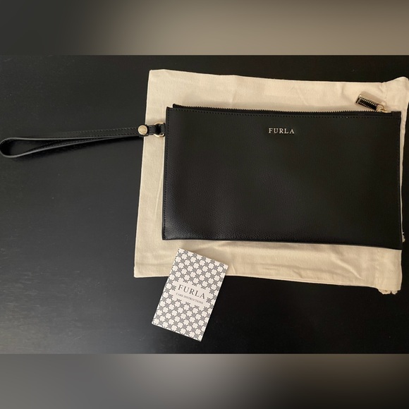 Furla black wristlet/envelope clutch with silver and gold hardware/zipper - Picture 7 of 10
